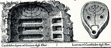 L'area nei pressi di Porta Portese venne utilizzata come luogo di sepoltura ebraica fin dai tempi dell'Antica Roma. Questa acquaforte mostra una tomba con alcune nicchie e una lampada a olio, entrambe decorate con una menorah