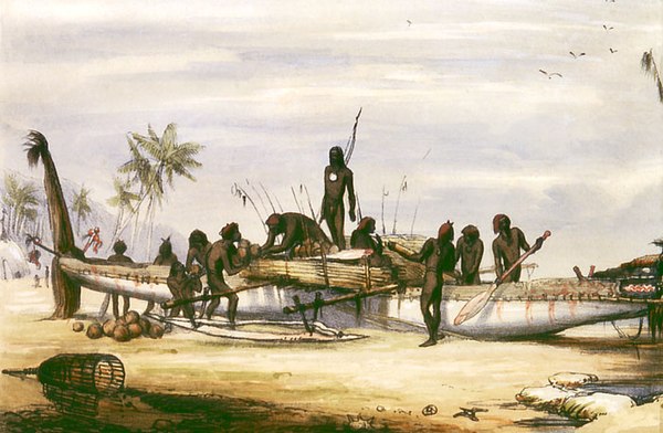 Trading canoe at Erub (Darnley Island), c. 1849