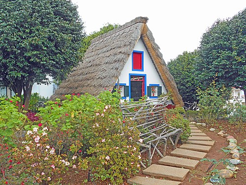 Typical straw roof home in the village of Santana, Madeira