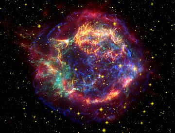 ハッブル宇宙望遠鏡、スピッツァー宇宙望遠鏡、チャンドラX線天文台による撮像を合成した、カシオペヤ座Aの疑似カラー画像。