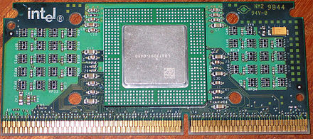 Celeron in SEPP: CPU at center (under heat spreader), surrounding chips are resistors and bypass capacitors