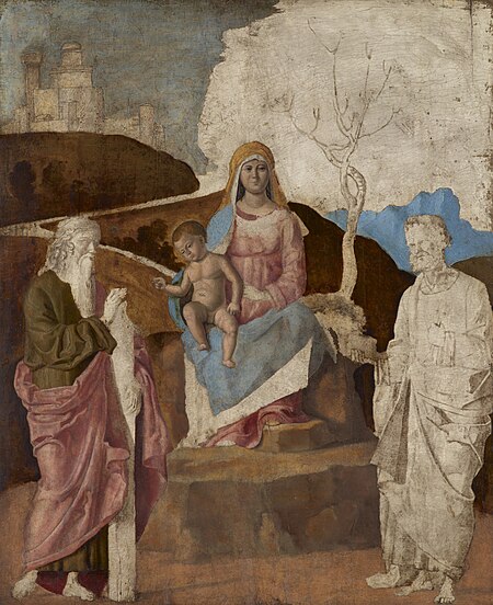 The Virgin and Child with Saint Andrew and Saint Peter (c. 1510) by Cima da Conegliano Cima da Conegliano, The Virgin and Child with Saint Andrew and Saint Peter (15th-16th century, unfinished).jpg