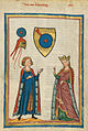 Folio 63r，庫倫貝格爾爵士（12世紀中期），其紋章是一個帶紅柄的手磨，庫倫貝格爾即是穆爾伯格（德國地名Mühlberg，直譯為磨坊山）