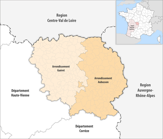 Map of arrondissements of the Creuse department. Departement Creuse Arrondissement 2019.png