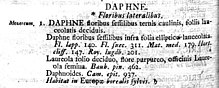 Описание волчеягодника обыкновенного в книге К. Линнея Species plantarum, 1753, Т. I, С. 356.
Видовой эпитет mezereum вынесен на поля страницы слева от текста