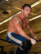 Richards reacting post-match at a Smash Wrestling show in April 2015 Davey Richards at Smash 2015.jpg