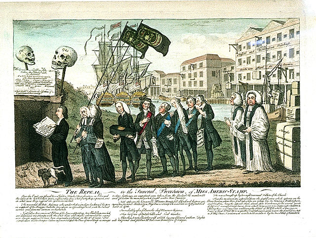 Cartoon depicting the repeal of the Stamp Act as a funeral, with Grenville carrying a child's coffin marked "Miss America Stamp born 1765, died 1766" 