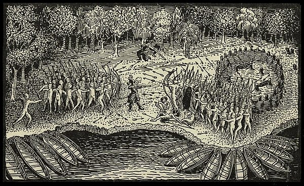 Samuel de Champlain fighting on July 30, 1609, alongside the Western Abenaki in a successful battle against the Iroquois at Lake Champlain