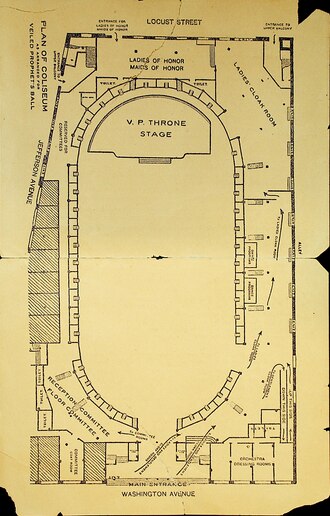 Diagram for the 1913 Veiled Prophet Ball inside the St. Louis Coliseum. The entrance is at the bottom, on Washington Avenue, and the stage setting is at the top. Diagram of 1913 Veiled Prophet Ball layout inside St. Louis Coliseum.tif