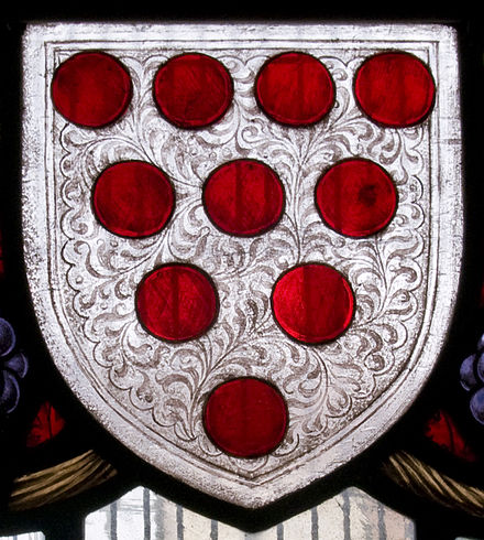 Diapering of the field of the shield of the Diocese of Worcester: Argent, ten torteaux four three two and one