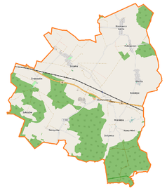 Mapa konturowa gminy Domaszowice, w centrum znajduje się punkt z opisem „Domaszowice”