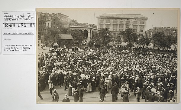 Anti-draft meeting held by women in New York City, 1917