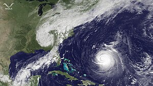 The extratropical remnant of Tropical Storm Lee over the Eastern US, on September 6: Hurricane Katia can be seen to the right. Ex-Lee and Katia Sept 6 2011 1545Z.jpg