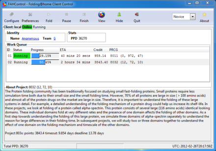 A sample image of the V7 client in Novice mode running under Windows 7. In addition to a variety of controls and user details, V7 presents work unit information, such as its state, calculation progress, ETA, credit points, identification numbers, and description.
