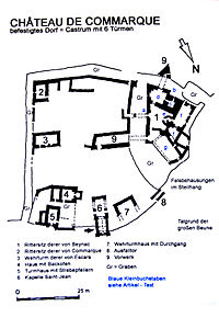 1. Дом Бейнаков; 2. Дом Коммарков; 3. Башня Escars; 4. Дом с печью; 5. Дом у башни; 6. Часовня Сен-Жан; 7. Башня с переходом; 8. Ворота; 9. Равелин; gr = рвы