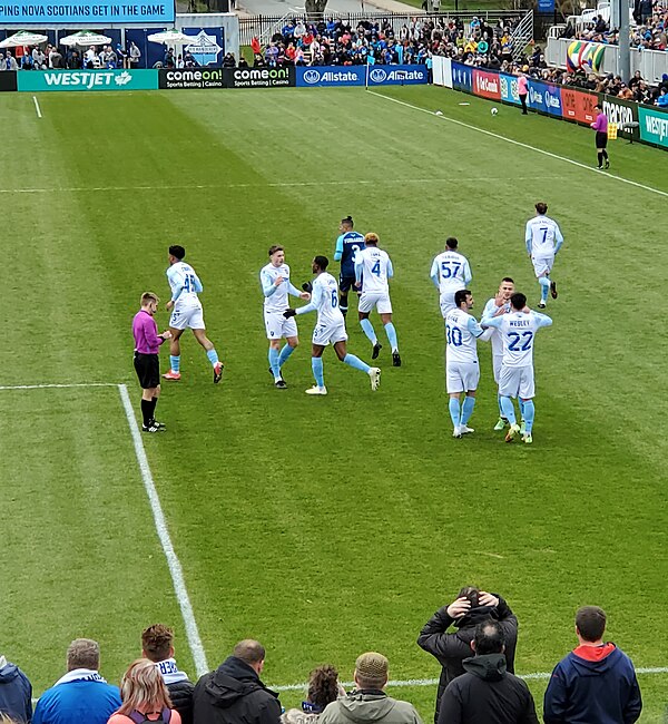 FC Edmonton celebrates a goal by Julian Ulbricht, their only goal in a 1–3 loss to HFX Wanderers FC on 30 April 2022 in Halifax.