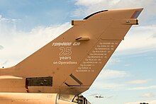 Tail of Tornado GR4 ZG750, marking 25 years of Tornado GR operations, at the 2016 Farnborough Airshow. FRBR 160716 Tornado 03.jpg