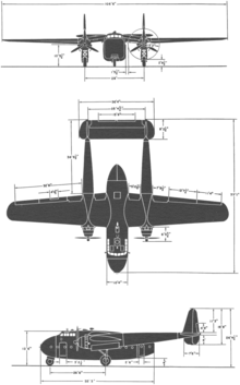 3-view line drawing of the Fairchild C-82A Packet Fairchild C-82A Packet 3-view silhouette drawing.png