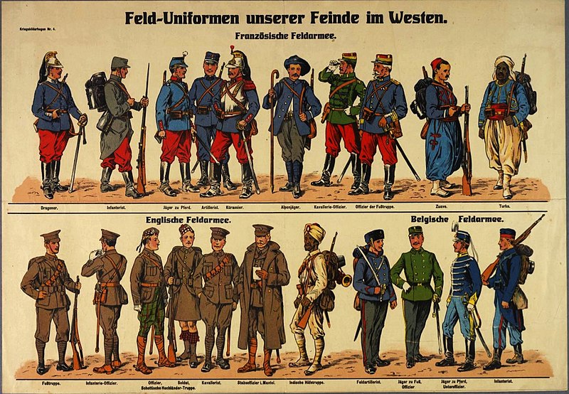 File:Feld-Uniformen unserer Feinde im Westen Französische Feldarmee Englische Belgische Kriegsbilderbogen 4 Bildtafel WWI field uniforms France England Belgium plate wall chart No known copyright.jpg