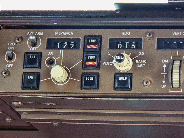 Autopilot controls of a Boeing 747 with legend written in Futura. Use of the font is widespread in the aerospace industry for flight instrument and co