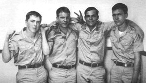Four of the five Fort Dix 38 who faced the most serious charges. Left to right: Tom Catlow, Terry Klug, Jeffery Russell and Bill Brakefield. Four of the Fort Dix 38 Nov1969.jpg