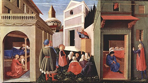Partie du Polittico Guidalotti de Fra Angelico représentant le baptême, un prêche et la dotation des trois jeunes filles.