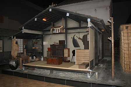 Shoji in a museum replica of a 1×2.5 ken Edo nagaya (長屋, row house). Kitchen to left, second door on right; munewari nagaya had only a kitchen door.