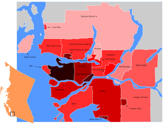 Population density map of Greater Vancouver based on the 2006 Census (UBC and Electoral District A are based on the 2001 Census).