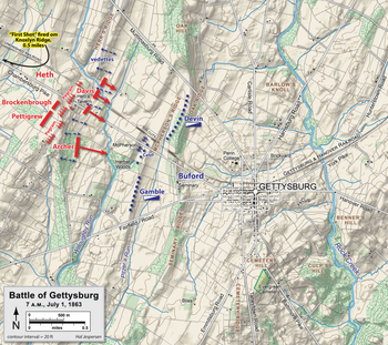 Cavalry delaying action, 7:00-10:00 a.m. Gettysburg Day1 0700.png