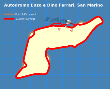 The layout of the circuit was changed after the two fatal crashes at the 1994 event. GrandPrix Circuit San Marino Changes.svg