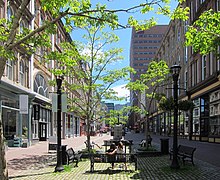 Granville Mall is a pedestrian mall surrounded by Victorian era buildings. Granville Mall Halifax 2016.jpg