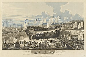 HMS Thunderer 84 Kanonen, am 22. September 1831 in Woolwich abgefeuert (mit Blick auf das neue Becken) RMG PY0845.jpg