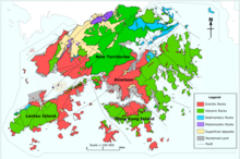 A geographical map showing the types of rocks in Hong Kong. It shows that Kowloon Peak consists of volcanic and granitic rocks.