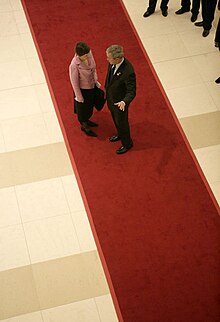 New Zealand Prime Minister Helen Clark and United States President George W. Bush meet formally at the White House. Helen Clark and George meet at the White House.jpg