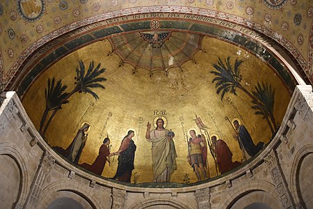 Le Christ avec la Vierge, sainte Blandine, sainte Clotilde, saint Michel archange, saint Pothin et Saint Martin (1855), Lyon, Basilique Saint-Martin d’Ainay, la grande abside.