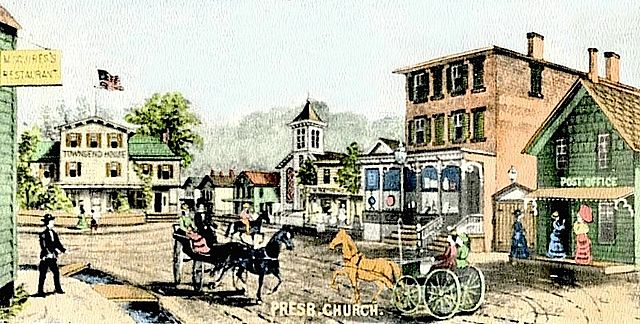 Postcard of Hotel Square, corner of Main and East Main, with labels displaying the Townsend House hotel and the village's first post office in the lat