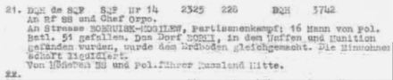 decrypted wireless telegram from "HSSPF Russland Mitte" (middle Russia) in 1942, reporting to Himmler the 'liquidation' of a village in Belarus (from NSA report[10])