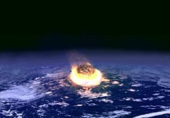 A major impact event releases the energy of several million nuclear weapons detonating simultaneously when an asteroid of only a few kilometers in diameter collides with a larger body such as the Earth (image: artist's impression). Impact event.jpg