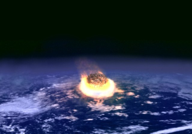 Artist's impression of a major asteroid impact. An asteroid caused the extinction of the non-avian dinosaurs.
