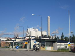 A market "bubble" was created by the paper industry in Finland in the late 1980s, the collapse of which was a contributor to the 1990s recession. This picture shows a paper factory in Jakobstad. Jakobstad paper factory.jpg