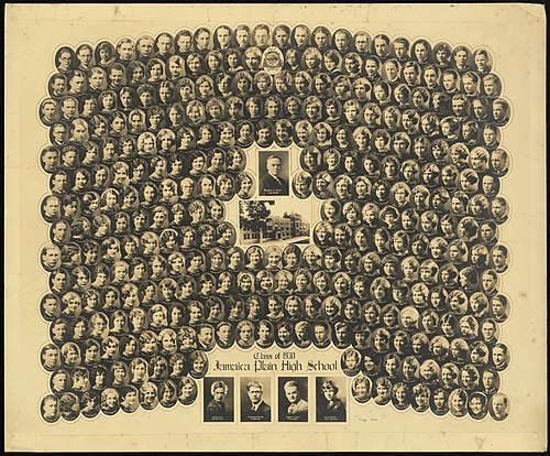 A photograph of the Class of 1930 from Jamaica Plain High School with a portrait of Kiley in the upper left.
