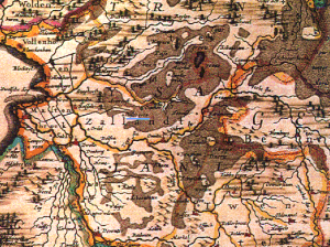 The Oosterveen, which would develop into Nieuwleusen, underlined on a map by Janssonius (1658). The dark brown areas are peat moors. Click to enhance. Janssonius1658.gif