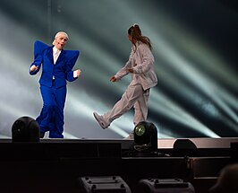 Joost Klein tijdens zijn optreden van het gabberpop-lied Europapa tijdens de finale van het Eurovisiesongfestival 2024 in Malmö, Zweden.