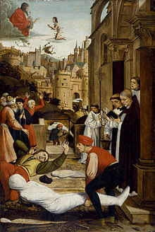 This painting by Josse Lieferinxe depicts an outbreak of the plague in seventh-century Pavia (then under the Lombard Kingdom).[8] The Walters Art Museum.