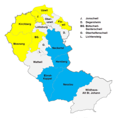 Konfessionsmehrheiten (2013):   ●  blau: mehr als 60 % ev.-reformiert   ●  gelb: mehr als 60 % röm.-katholisch