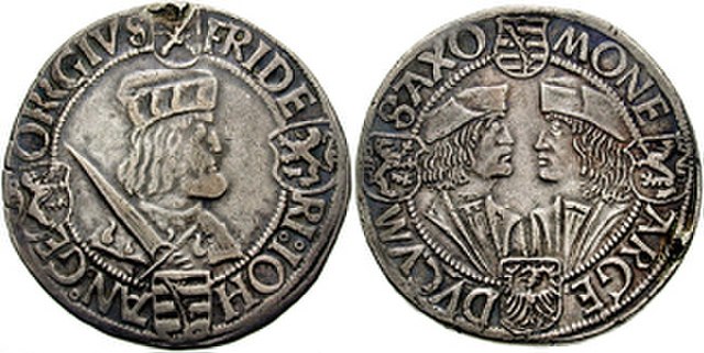 Guldengroschen of Saxony, c. 1508-1525. The obverse shows Johann's older brother, Frederick, while on the reverse, Johann is portrayed face to face wi