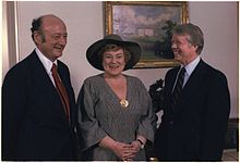 Koch (left) with Representative Bella Abzug (center) and President Jimmy Carter (right) in 1978