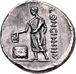 Reverse of a denarius minted by Lucius Cassius Longinus in 63 BC, depicting a Roman citizen casting a ballot into an urn. L. Cassius Longinus, denarius, 63 BC, RRC 413-1 reverse.jpg