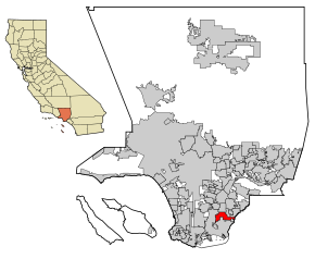 Слева — округ  Лос-Анджелес на карте штата Калифорния, справа — город Лейквуд на карте округа Лос-Анджелес