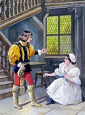 Coloured illustration from an 1890 French magazine showing a young woman in a simple dress kneeling before a young nobleman, both in mediaeval costume